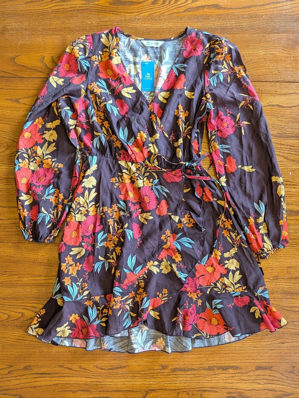 Cupshe Brown Floral Wrap Midi Dress with Red and Turquoise Accents